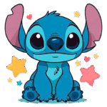 Personagem animado Stitch, de pelagem azul, com olhos grandes e expressivos, sentado e sorrindo, cercado por estrelas coloridas e corações. Ideal para fãs de Disney e cultura pop.