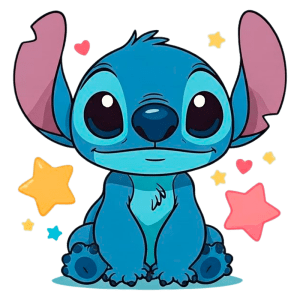 Personagem animado Stitch, de pelagem azul, com olhos grandes e expressivos, sentado e sorrindo, cercado por estrelas coloridas e corações. Ideal para fãs de Disney e cultura pop.