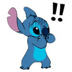 Personagem animado Stitch, de cor azul, com as mãos no rosto e expressão de surpresa. Ao fundo, pontos de exclamação e interrogação, indicando choque ou espanto.