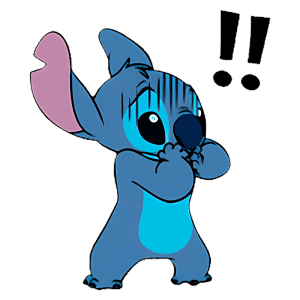 Personagem animado Stitch, de cor azul, com as mãos no rosto e expressão de surpresa. Ao fundo, pontos de exclamação e interrogação, indicando choque ou espanto.