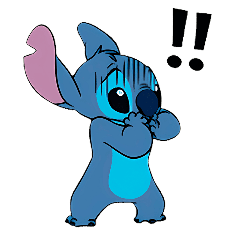 Personagem animado Stitch, de cor azul, com as mãos no rosto e expressão de surpresa. Ao fundo, pontos de exclamação e interrogação, indicando choque ou espanto.