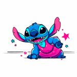 Desenho animado do personagem Stitch, do filme Lilo & Stitch, com pele azul e orelhas grandes, vestindo um vestido rosa, sorrindo e brincando com estrelas coloridas ao fundo.