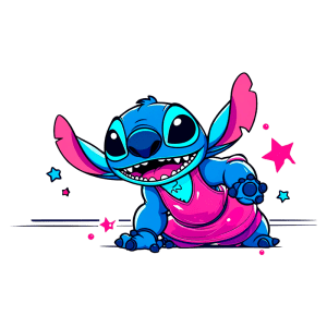 Desenho animado do personagem Stitch, do filme Lilo & Stitch, com pele azul e orelhas grandes, vestindo um vestido rosa, sorrindo e brincando com estrelas coloridas ao fundo.