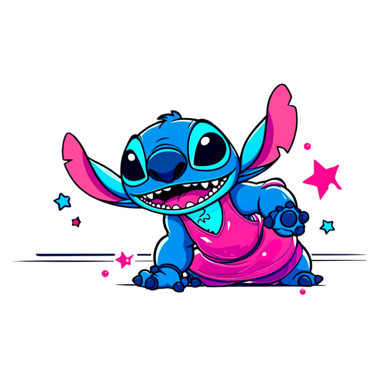 Desenho animado do personagem Stitch, do filme Lilo & Stitch, com pele azul e orelhas grandes, vestindo um vestido rosa, sorrindo e brincando com estrelas coloridas ao fundo.