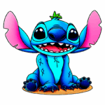 Stitch sentado em um fundo verde. O personagem exibe um sorriso largo, destacando seus grandes olhos expressivos e um pequeno topete verde. Ideal para conteúdo sobre personagens de animação e cultura pop.