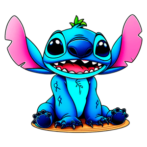 Stitch sentado em um fundo verde. O personagem exibe um sorriso largo, destacando seus grandes olhos expressivos e um pequeno topete verde. Ideal para conteúdo sobre personagens de animação e cultura pop.