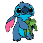 Stitch segurando um sapo verde, com grandes olhos expressivos e orelhas longas, representando uma cena divertida e amigável.