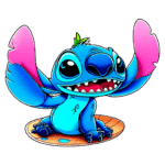Stitch sentado em um platô redondo. O personagem exibe um sorriso amigável e levanta os braços, mostrando suas asas. Ideal para artigos sobre cultura pop ou personagens de animações.