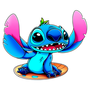 Stitch sentado em um platô redondo. O personagem exibe um sorriso amigável e levanta os braços, mostrando suas asas. Ideal para artigos sobre cultura pop ou personagens de animações.