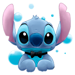 Personagem Stitch em estilo cartoon, com pele azul e orelhas grandes, usando um laço preto, acompanhado de bolhas coloridas ao fundo. Ideal para representações de diversão e amizade.