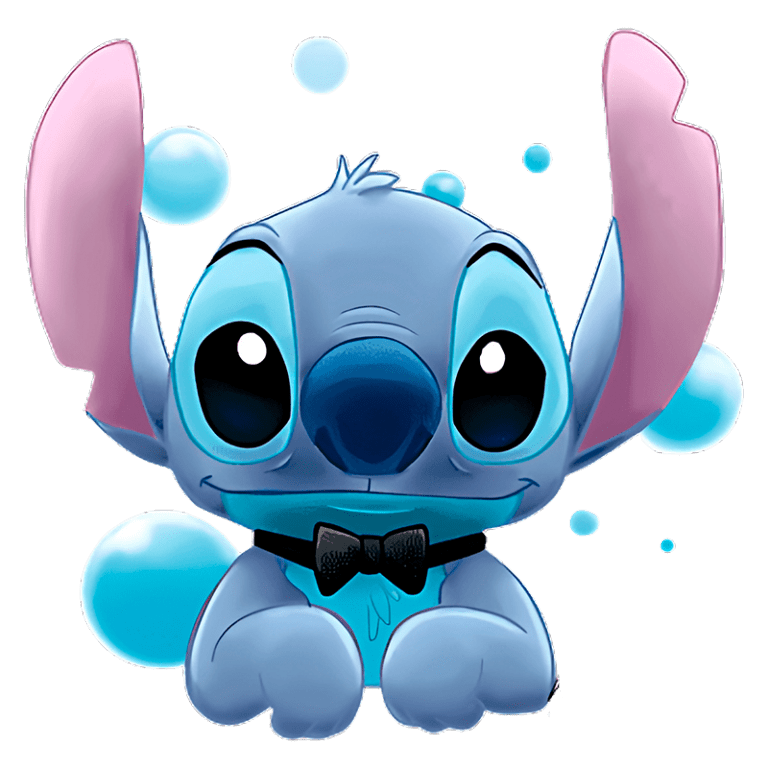 Personagem Stitch em estilo cartoon, com pele azul e orelhas grandes, usando um laço preto, acompanhado de bolhas coloridas ao fundo. Ideal para representações de diversão e amizade.