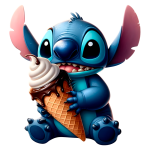 Personagem Stitch segurando um cone de sorvete com cobertura de chocolate e creme, em estilo colorido e divertido, com um fundo verde.
