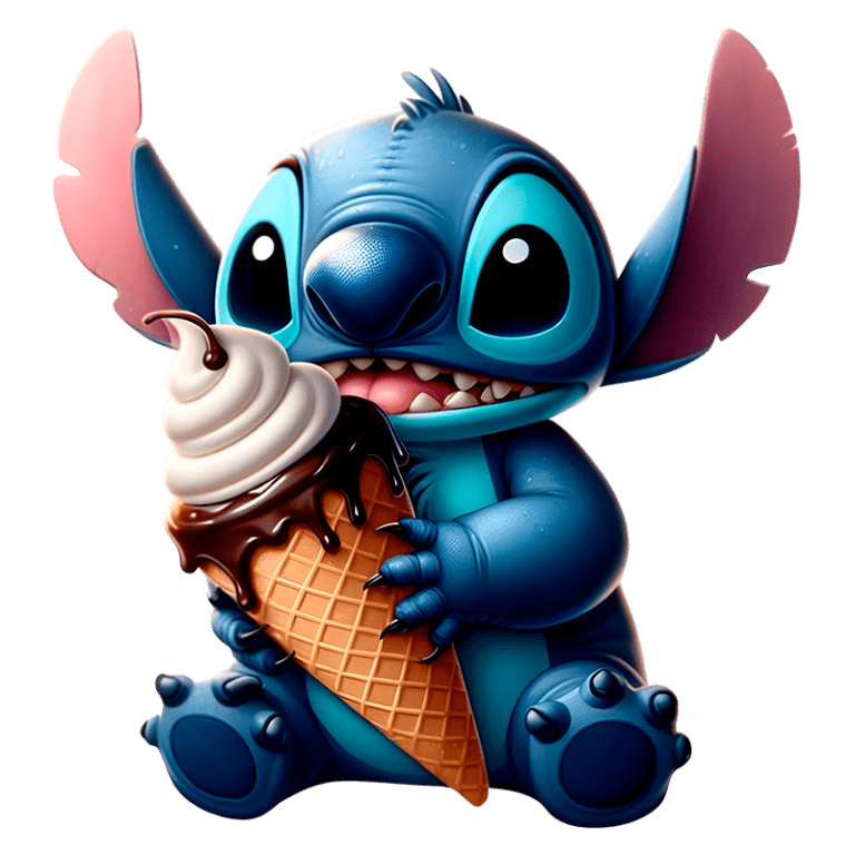 Personagem Stitch segurando um cone de sorvete com cobertura de chocolate e creme, em estilo colorido e divertido, com um fundo verde.