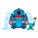 Desenho animado do Stitch, personagem da Disney, chorando copiosamente com lágrimas azuis, ao lado de uma bebida colorida.