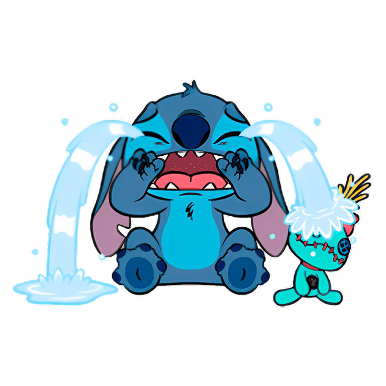 Desenho animado do Stitch, personagem da Disney, chorando copiosamente com lágrimas azuis, ao lado de uma bebida colorida.