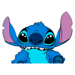 Personagem Stitch, do filme Lilo & Stitch, com pele azul vibrante, grandes olhos redondos e orelhas rosa, sorrindo e mostrando seus dentes. Ideal para temas de animação e personagens da Disney.