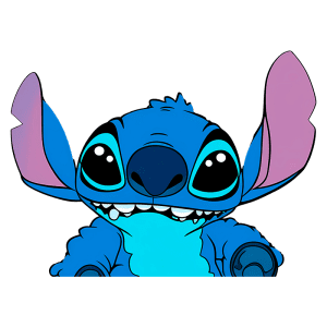 Personagem Stitch, do filme Lilo & Stitch, com pele azul vibrante, grandes olhos redondos e orelhas rosa, sorrindo e mostrando seus dentes. Ideal para temas de animação e personagens da Disney.
