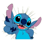 Personagem Stitch, do filme Lilo & Stitch, sorrindo e fazendo sinal de paz com a mão, em fundo verde.