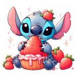 Stitch segurando um morango grande e sentado sobre um cupcake decorado com chantilly, cercado por morangos menores.