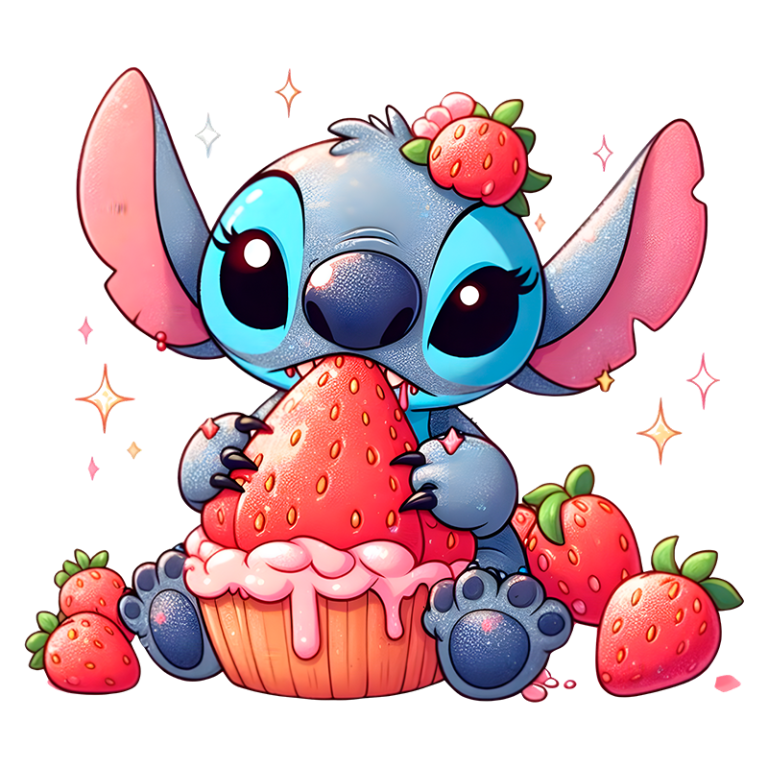 Stitch segurando um morango grande e sentado sobre um cupcake decorado com chantilly, cercado por morangos menores.