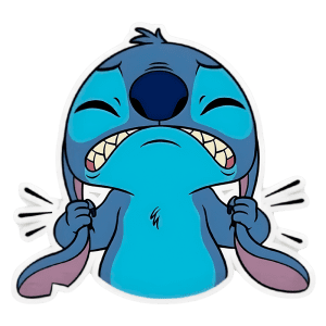 Stitch expressando tristeza, segurando suas orelhas com uma expressão desanimada e dentes à mostra, fundo verde.