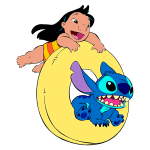 Menina alegre segurando um boia amarela enquanto brinca na água com Stitch, o alienígena azul, ambos personagens do filme "Lilo & Stitch".