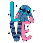 Ilustração colorida de Stitch, personagem da Disney, segurando as letras que formam a palavra "LOVE", em um fundo verde, destacando um estilo divertido e amoroso com corações ao redor.
