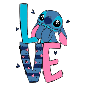 Ilustração colorida de Stitch, personagem da Disney, segurando as letras que formam a palavra "LOVE", em um fundo verde, destacando um estilo divertido e amoroso com corações ao redor.