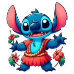 Personagem Stitch com pelagem azul, usando uma roupa tradicional havaiana, segurando flores, em um fundo branco.