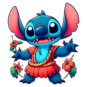 Personagem Stitch com pelagem azul, usando uma roupa tradicional havaiana, segurando flores, em um fundo branco.