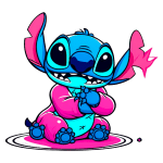 Ilustração Stitch com casaco rosa, sentado com as patas unidas em um gesto fofo, com grandes olhos expressivos e orelhas longas. Ideal para conteúdos sobre animação e personagens de filmes.
