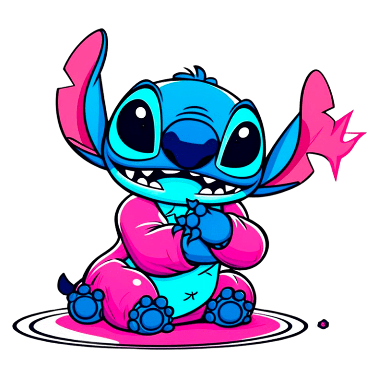 Ilustração Stitch com casaco rosa, sentado com as patas unidas em um gesto fofo, com grandes olhos expressivos e orelhas longas. Ideal para conteúdos sobre animação e personagens de filmes.