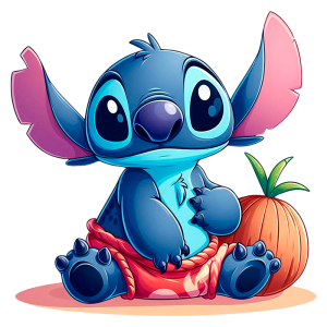 Personagem animado Stitch, do filme Lilo & Stitch, sentado com uma saia de pano, ao lado de um abacaxi. Ele tem pele azul, grandes olhos brilhantes e orelhas longas. É uma imagem colorida e divertida que representa o espírito alegre do personagem.