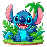 Stitch sorridente e divertido, sentado em uma paisagem tropical com palmeiras e plantas verdes ao fundo. Ele possui grandes orelhas rosa e está apontando com uma das mãos. Ideal para conteúdos sobre animação e ilustrações criativas.