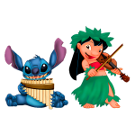 Personagens de desenho animado, Stitch e Lilo, em cena musical. Stitch toca uma flauta de pan, enquanto Lilo sorri e toca violino, vestidos com trajes havaianos coloridos.