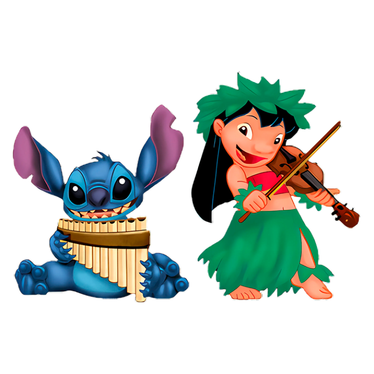 Personagens de desenho animado, Stitch e Lilo, em cena musical. Stitch toca uma flauta de pan, enquanto Lilo sorri e toca violino, vestidos com trajes havaianos coloridos.
