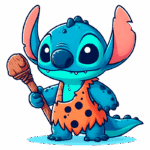 Stitch usando uma roupa de pele laranja com manchas pretas e segurando um bastão de madeira representando os homens das cavernas.