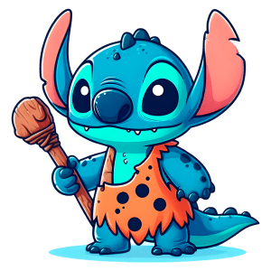 Stitch usando uma roupa de pele laranja com manchas pretas e segurando um bastão de madeira representando os homens das cavernas.