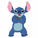Personagem Stitch, da Disney, sorrindo com um olhar travesso e segurando uma arma, destacando seu tom azul e orelhas grandes.
