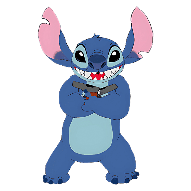 Personagem Stitch, da Disney, sorrindo com um olhar travesso e segurando uma arma, destacando seu tom azul e orelhas grandes.