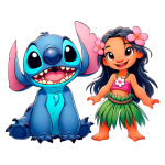 Personagens animados Stitch e Lilo, sorrindo e se divertindo, retratando uma amizade alegre e vibrante. Lilo veste um traje típico havaiano com uma saia de grama e flores no cabelo, enquanto Stitch exibe sua aparência única e cativante.