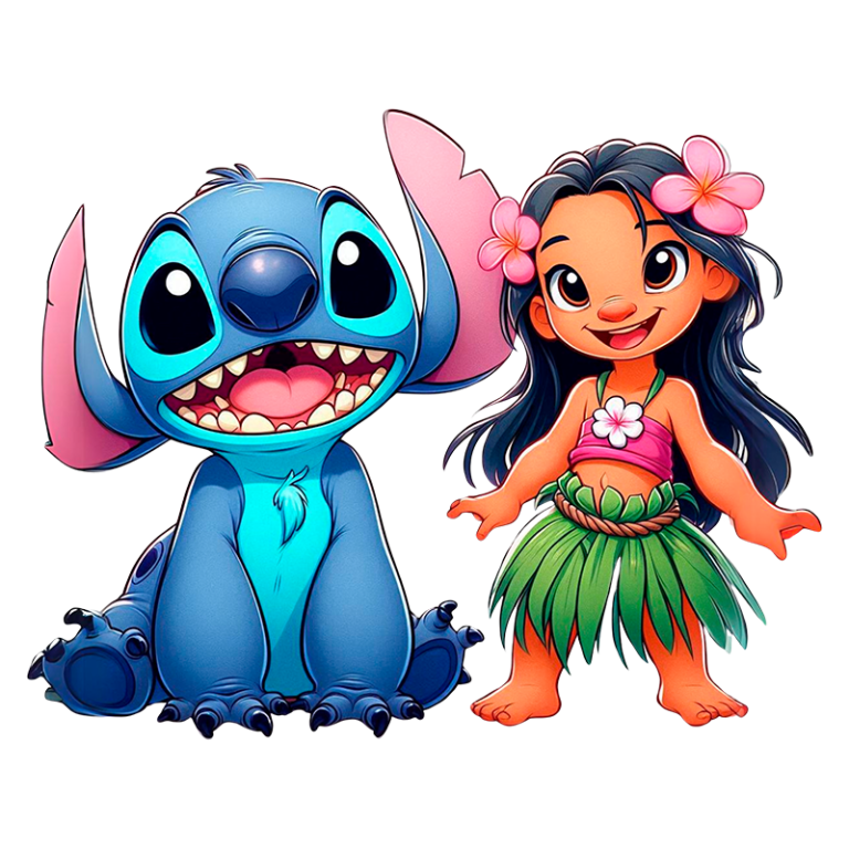 Personagens animados Stitch e Lilo, sorrindo e se divertindo, retratando uma amizade alegre e vibrante. Lilo veste um traje típico havaiano com uma saia de grama e flores no cabelo, enquanto Stitch exibe sua aparência única e cativante.