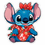 Stitch, personagem azul da Disney, vestido com uma camisa havaiana vermelha e cercado por flores tropicais. Ideal para produtos e conteúdos relacionados a animações e cultura pop.
