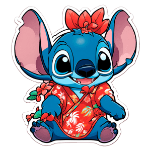 Stitch, personagem azul da Disney, vestido com uma camisa havaiana vermelha e cercado por flores tropicais. Ideal para produtos e conteúdos relacionados a animações e cultura pop.