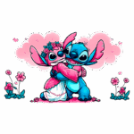 Ilustração colorida de Stitch e Lilo em um momento romântico, com Lilo vestida de noiva e Stitch em um fundo cheio de flores e nuvens, representando amor e felicidade. Ideal para fãs de animação e casamentos temáticos.