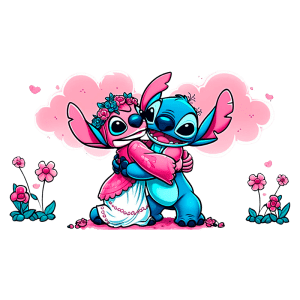Ilustração colorida de Stitch e Lilo em um momento romântico, com Lilo vestida de noiva e Stitch em um fundo cheio de flores e nuvens, representando amor e felicidade. Ideal para fãs de animação e casamentos temáticos.