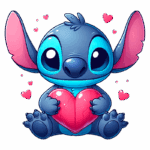 Stitch segurando um coração rosa, cercado por pequenos corações, com grandes olhos expressivos e orelhas longas. Ideal para temas de amor e amizade.