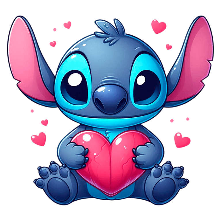 Stitch segurando um coração rosa, cercado por pequenos corações, com grandes olhos expressivos e orelhas longas. Ideal para temas de amor e amizade.