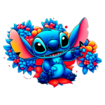 Imagem colorida de Stitch, personagem da Disney, cercado por flores vibrantes. Stitch está sorrindo, com suas grandes orelhas e pelagem azul, destacando-se em um fundo florido. Ideal para fãs de animação e cultura pop.