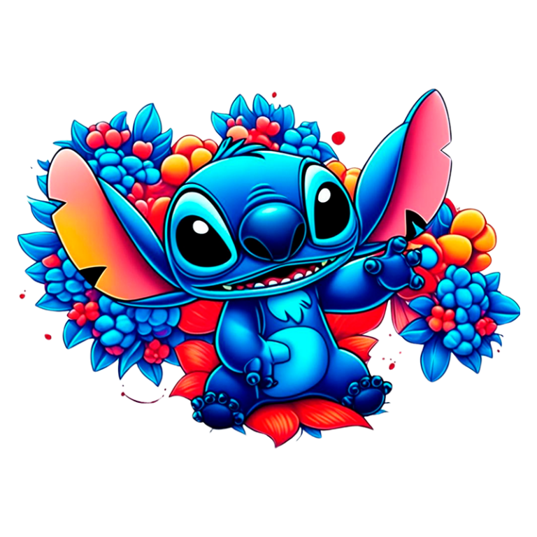 Imagem colorida de Stitch, personagem da Disney, cercado por flores vibrantes. Stitch está sorrindo, com suas grandes orelhas e pelagem azul, destacando-se em um fundo florido. Ideal para fãs de animação e cultura pop.